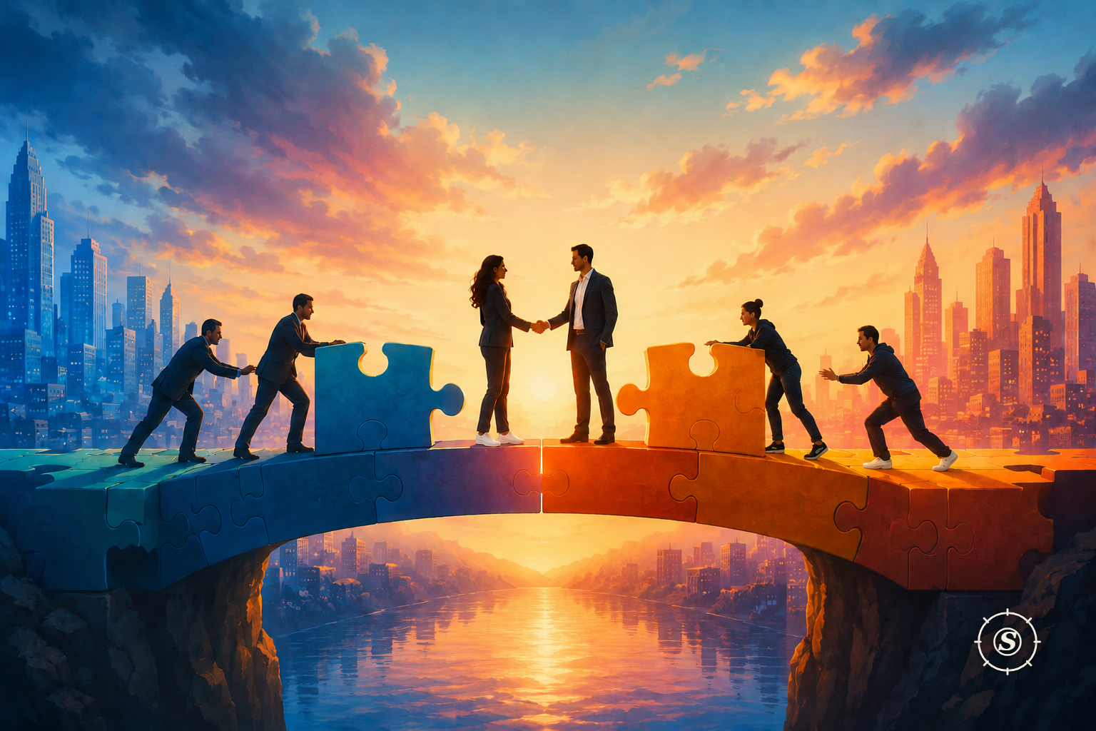 Illustration of two leaders shaking hands at the centre of a bridge built from interlocking puzzle pieces, while teams on either side push the final pieces into place against a sunrise city skyline — the deal at the handshake, the value in the integration.