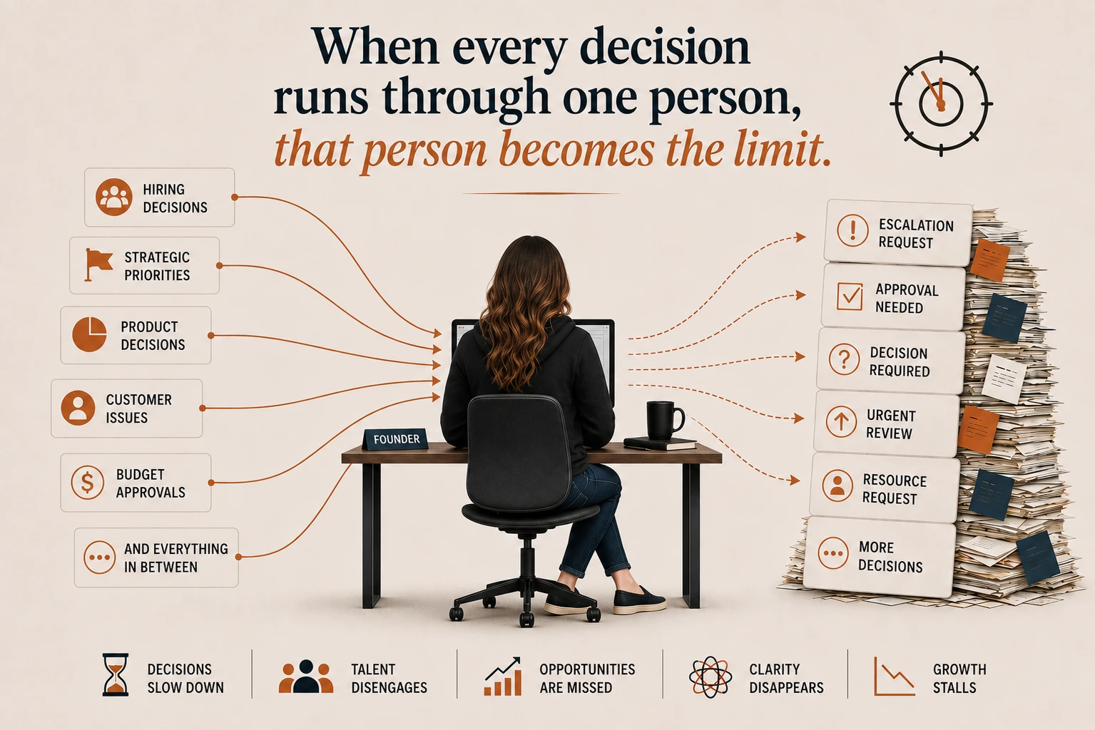 Infographic: a founder at a desk with every kind of decision — hiring, strategic priorities, product, customer issues, budget approvals and everything in between — funnelling into them on the left, and a towering stack of escalations, approvals and urgent reviews piling up on the right. Caption: when every decision runs through one person, that person becomes the limit. Below: decisions slow down, talent disengages, opportunities are missed, clarity disappears, growth stalls.