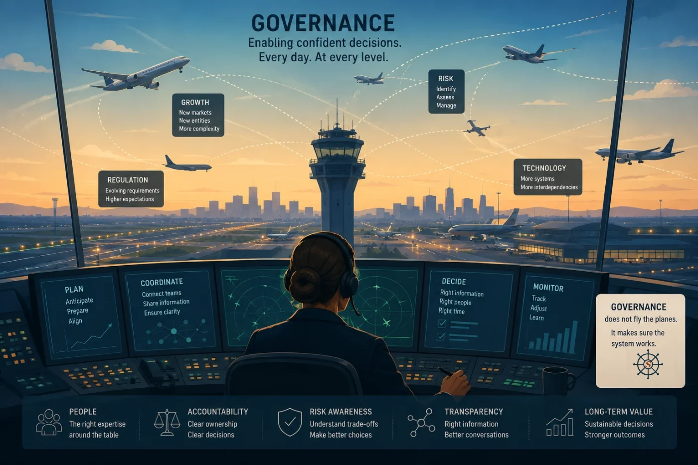 Illustration of an air traffic control tower overseeing planes taking off and landing, annotated with growth, regulation, risk and technology — beneath the line: Governance does not fly the planes. It makes sure the system works.