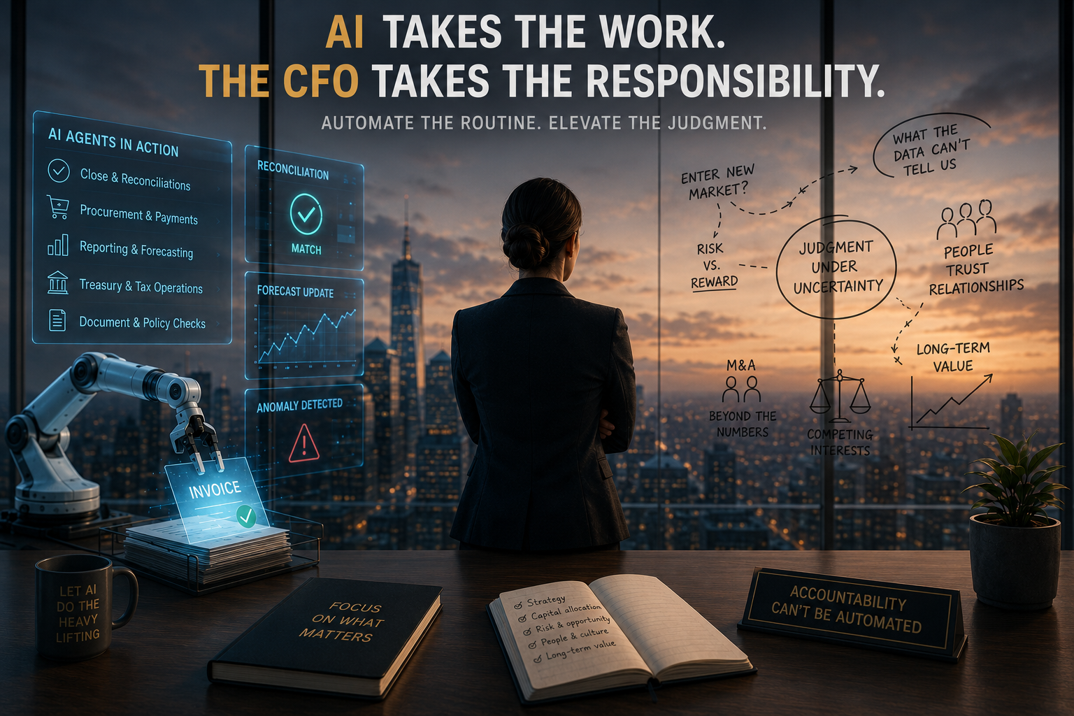 A CFO stands with her back to the camera, looking out over a city skyline at dusk. On the left, holographic panels show AI agents handling reconciliations, procurement, reporting, treasury and document checks, and a robotic arm stamps an invoice. On the right, hand-drawn notes read judgment under uncertainty, risk versus reward, people and trust, and long-term value. On the desk sit a mug reading 'let AI do the heavy lifting', an open notebook, and a nameplate reading 'accountability can't be automated'. Headline: AI takes the work. The CFO takes the responsibility.